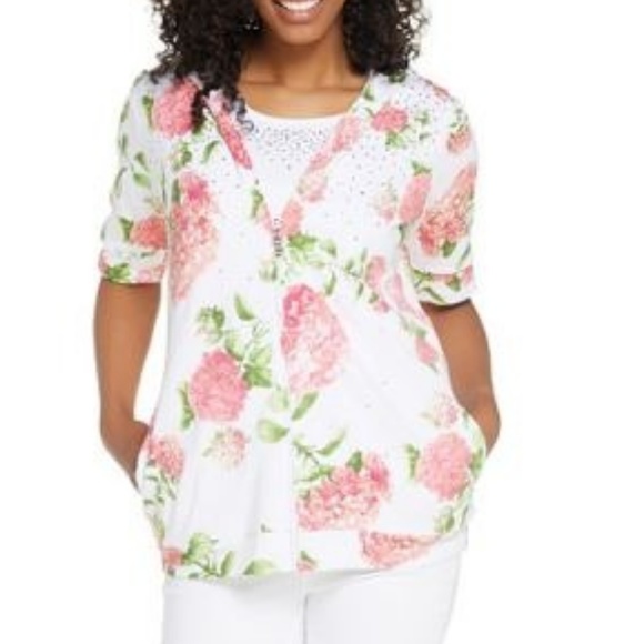 Hydrangea Print Elbow Sleeve Hoodie and Knit Tank - Picture 1 of 5